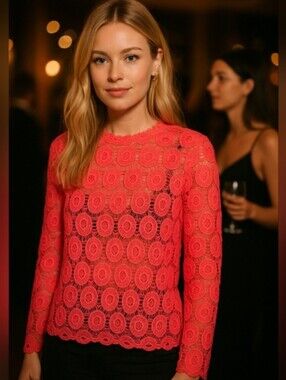 CLUB L London Hot Pink Circle Lace Long Sleeve Top – Size UK 10 / US 6 / EU 38